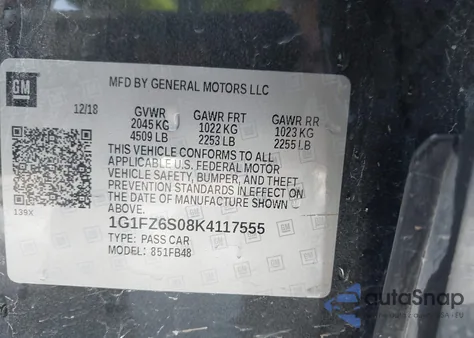 2019 Chevrolet Bolt Ev Premier z USA, uszkodzony, nr VIN 1G1FZ6S08K4117555